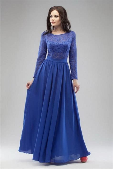 Cobalt Blue Evening Dress Maxi Wedding Lace Dress Floor Length Chiffon