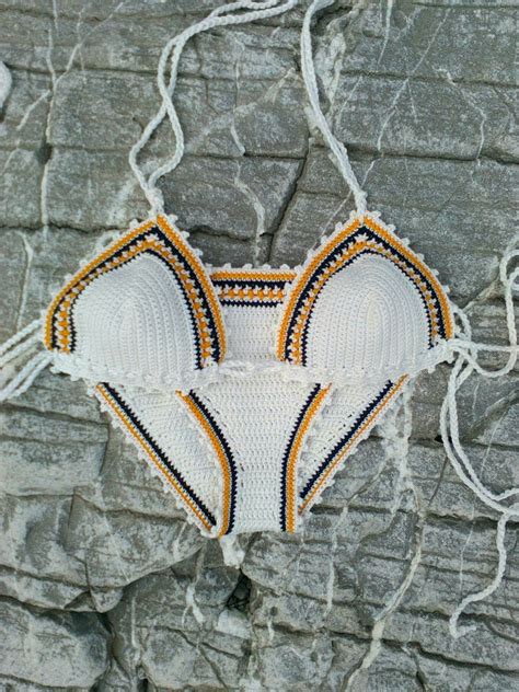 original design by goodmoodcreations white bikini with orange and blue details and blue