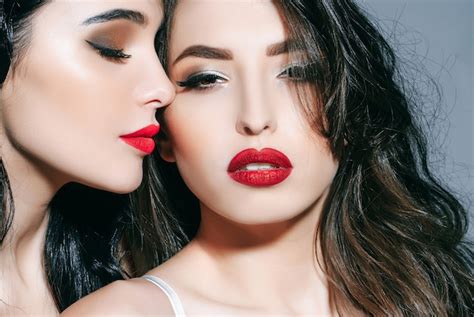 premium photo sexy sensual women with red lips lesbian couple kiss lips sensual lips kisses of