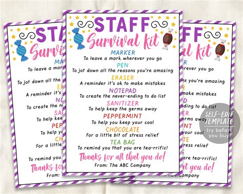 Staff Survival Kit Tag Editable Template, Employee Appreciation Week