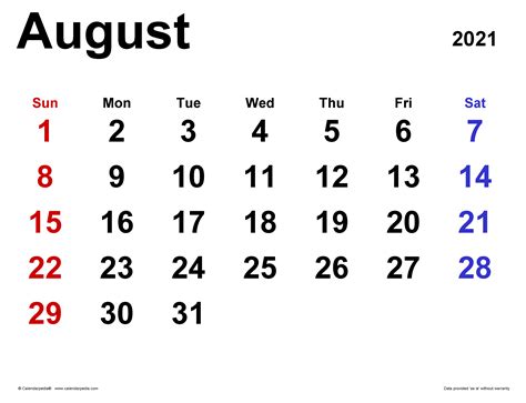 Calendar 2021 Aesthetic August Word Calendar Template Download Free