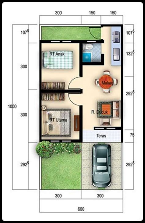 Desain rumah ukuran 6 x 10 m dengan tatanan ruang antara lain : Ruang terbuka tanpa sekat antara ruang tamu dengan ruang ...