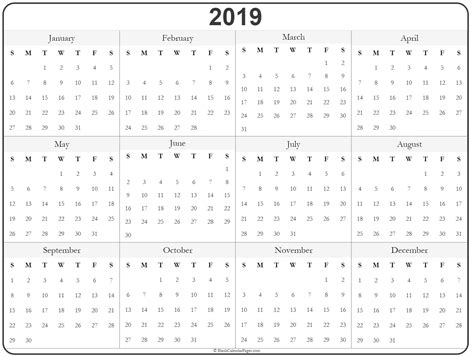2019 Year Calendar Yearly Printable