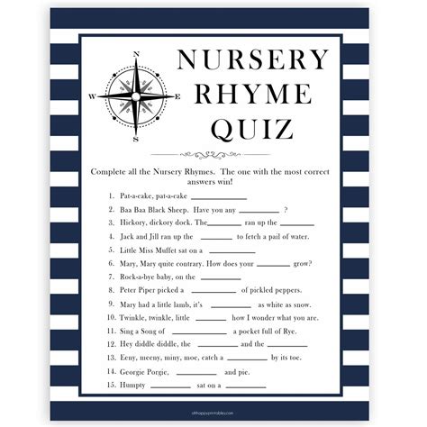 Nursery Rhyme Quiz Game Nautical Printable Baby Shower Games