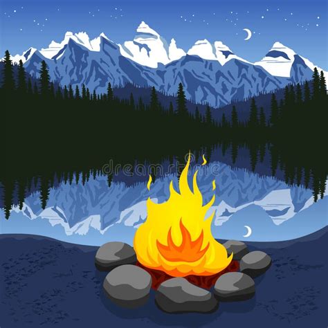 Campfire With Stones Near Mountain Lake Reflecting Night Sky Stock