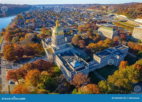 Aerial Shot Of The West Virginia State Capitol Building And Downtown