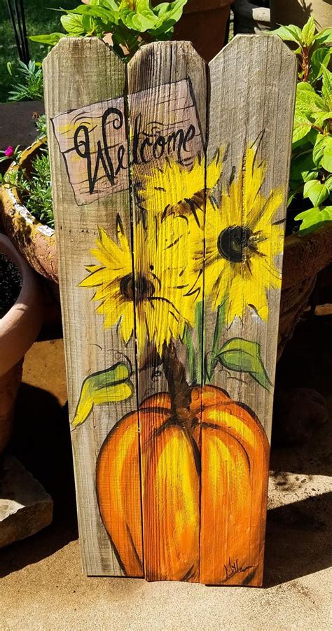 Pumpkin Sunflowers Welcome Wooden Fall Art On Reclaimed Wood Etsy