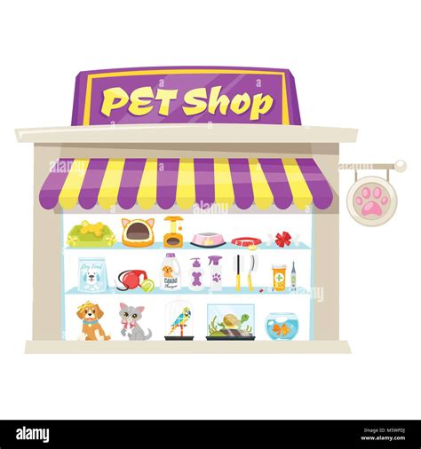Vector Cartoon Style Illustration Of Pet Shop Facade With Bright Banner