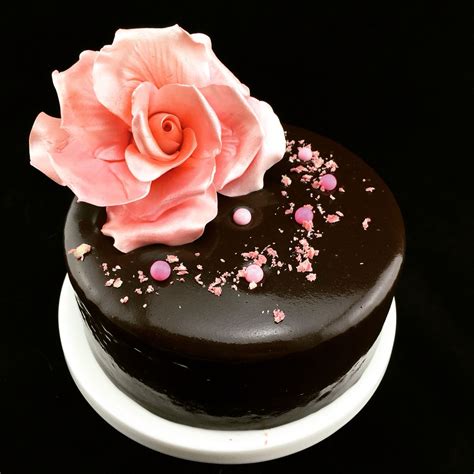 Elegant Chocolate Mirror Glaze Cake With Pink Sugar Rose 100 Vegan