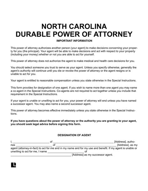 North Carolina Durable Statutory Power Of Attorney Form