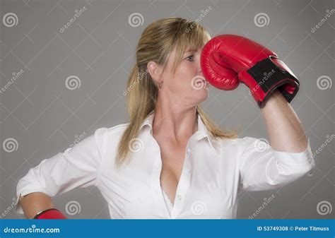 Blond Woman Wearing Red Boxing Gloves Stock Photo Image Of Boxing