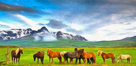 Icelandic Horses In Iceland Painting With Vibrant Colors Painting By