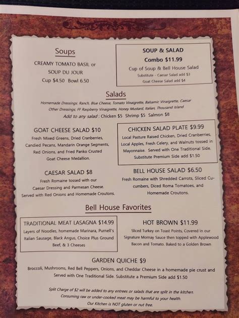 Menu at Bell House Restaurant, Shelbyville