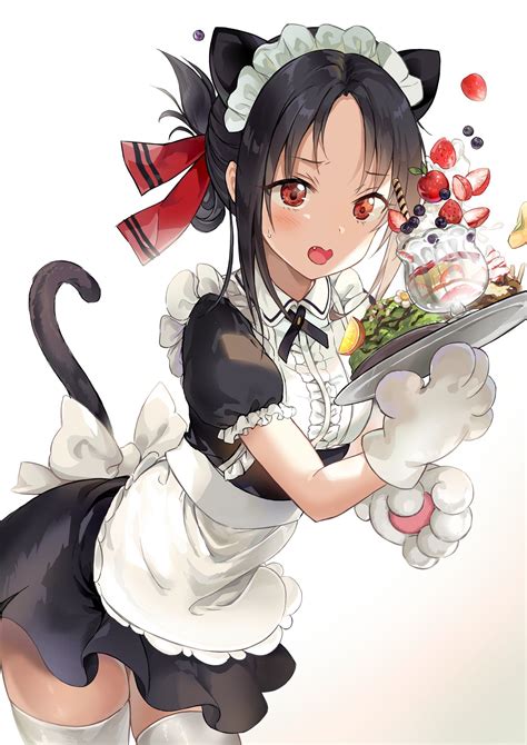 Фото Neko Girl девочка кошка в костюме горничной держит поднос с десертом из аниме Kaguya Sama