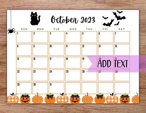 Editable Printable October Calendar 2023 Halloween Calendar Etsy Hong