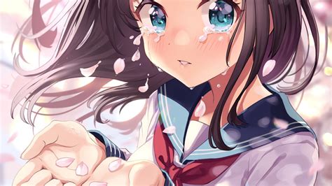 Download 1920x1080 Anime Girl Crying Tears Sakura Blossom Loli School Uniform Wallpapers