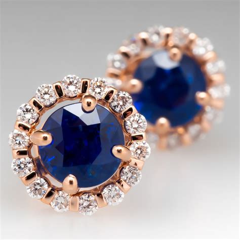 Beautiful Blue Sapphire Stud Earrings Rose Gold Diamond Halo