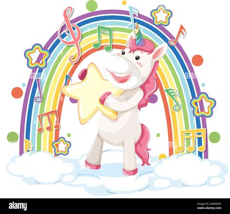Unicorn Standing On Cloud With Rainbow And Melody Symbol Illustration