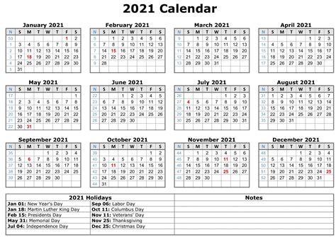 Free Yearly Printable Calendar 2021 With Holidays