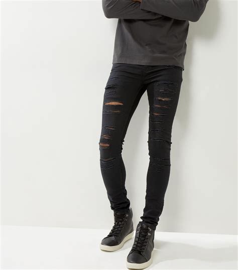 New Look Denim Black Extreme Ripped Super Stretch Skinny Jeans For Men