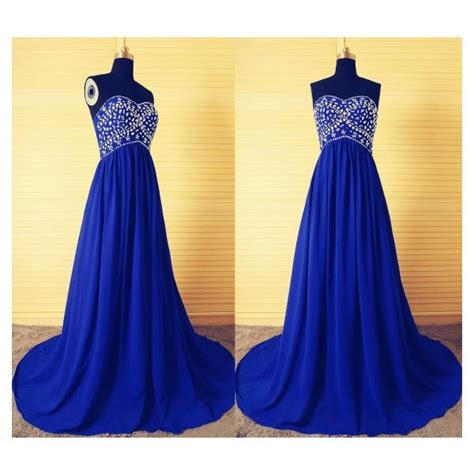 A Line Empire Waist Long Royal Blue Chiffon Beaded Evening Prom Dress