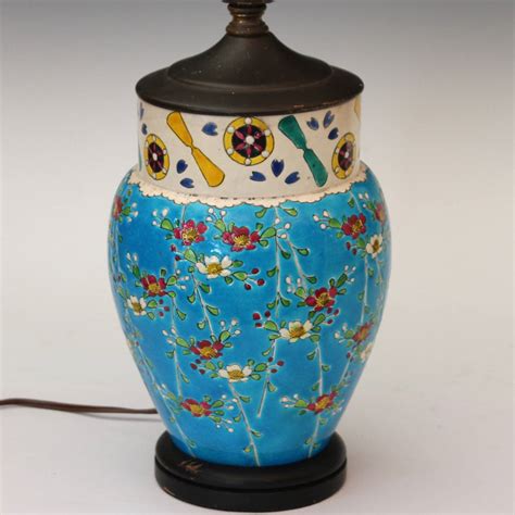 Antique Japanese Enameled Pottery Turquoise Buddhist Lamp At 1stdibs