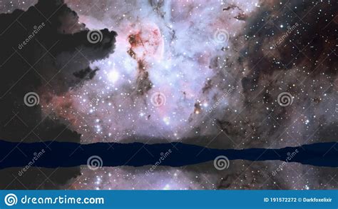 Nebula Reflection Mirror On The Dark Night Sky Over Water Surface Stock