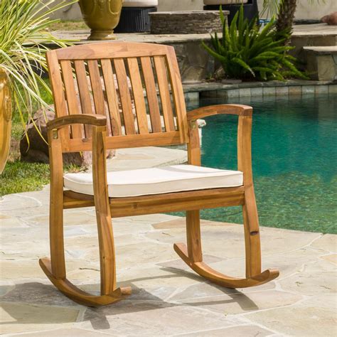 Noble House Selma Teak Finish Wood Outdoor Rocking Chair With Cream