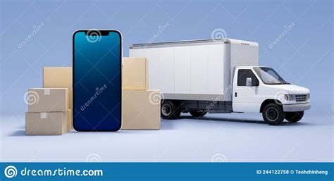 Smartphone And Boxes With Cargo Truck Business Logistics Concept