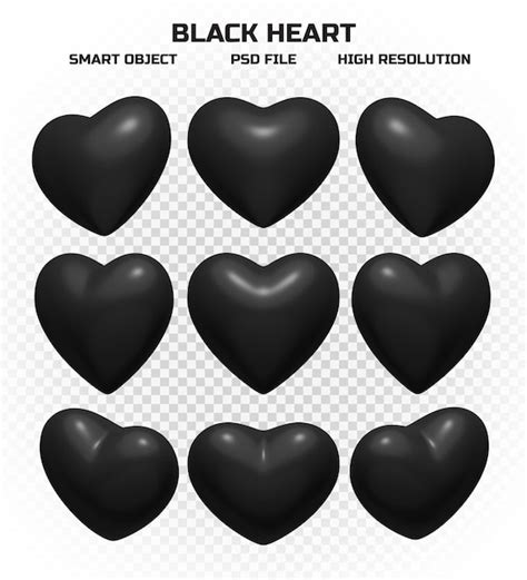 Premium Psd Set Of Glossy Black Hearts In High Resolution With Many