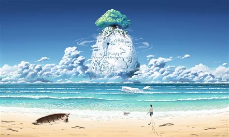 Anime Digital Wallpaper Beach Sea Clouds Trees Hd Wallpaper