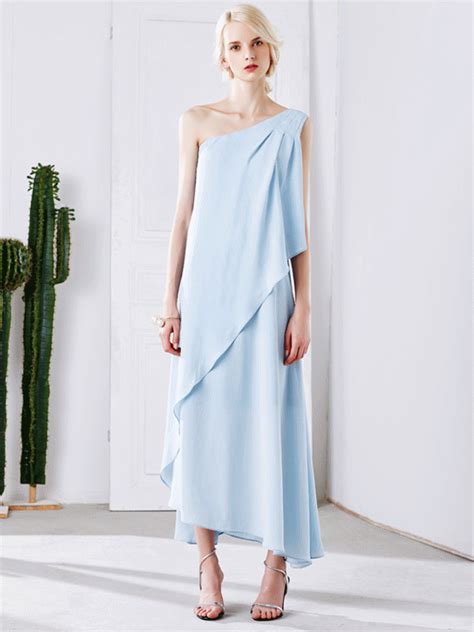 Light Blue Asymmetric One Shoulder Elegant Maxi Dress Stylewe Asymmetrical Maxi Dress Long