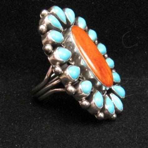 Native American Turquoise Spiny Oyster Cluster Ring Sz La Rose