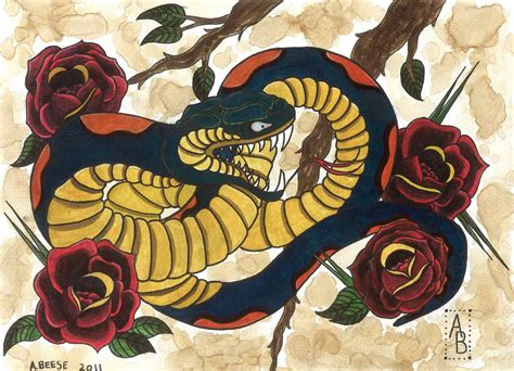 Traditional Snake And Roses By Aaronbeese On Deviantart