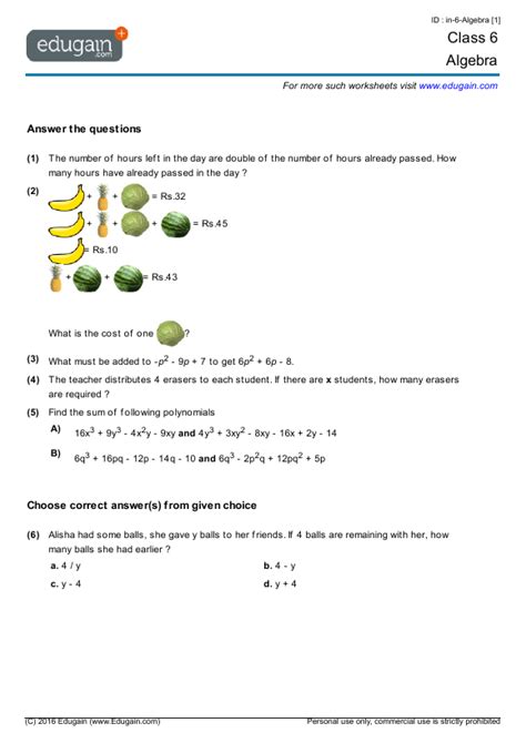 Algebra is a branch of math in which letters and symbols are used to represent numbers and quantities in formulas and equations. Year 6 Math Worksheets and Problems: Algebra | Edugain ...