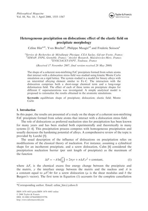Pdf Heterogeneous Precipitation On Dislocations Effect Of The