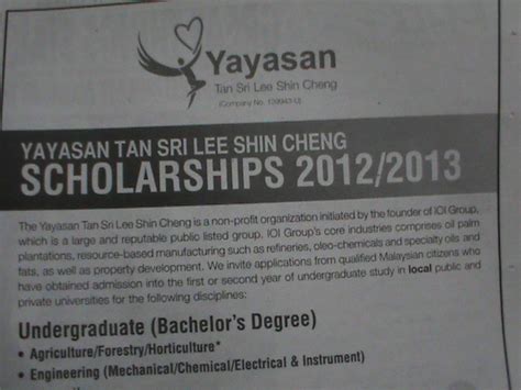 The bond period will depend on the amount of the scholarship. Scholarship Tan Sri Lee Shin Cheng ~ study in malaysia