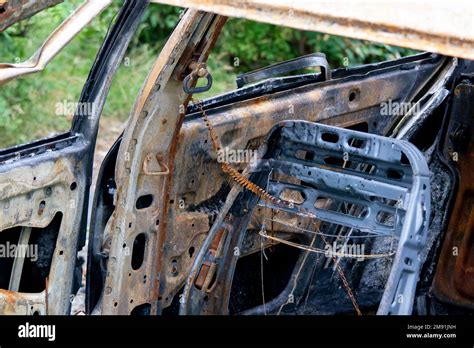 Burned car interior that caught fire and was destroyed, only metal