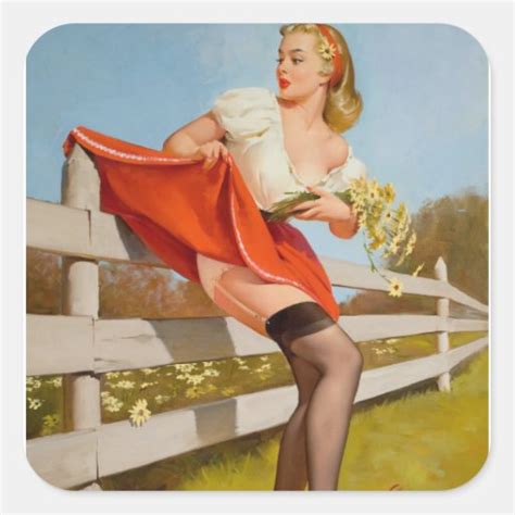 Gil Elvgren On The Fence 1959 Pin Up Art Square Sticker Zazzle