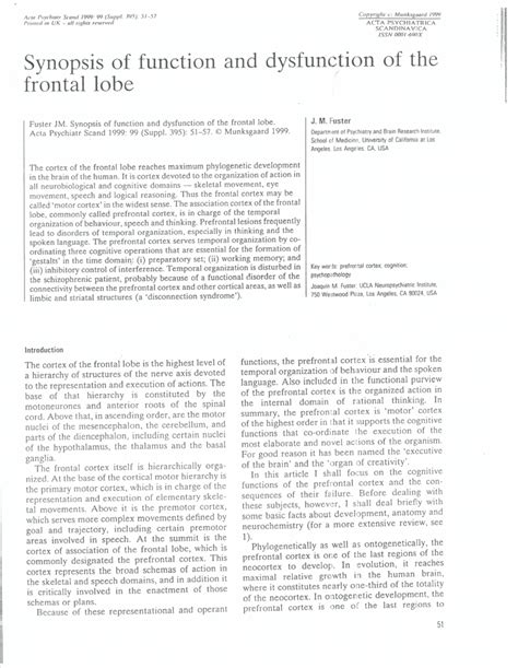 Pdf Synopsis Of Function And Dysfunction Of The Frontal Lobe