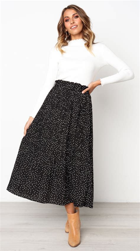 Black Polka Dot Maxi Skirt Printed Long Skirt Fashion Pleated Skirt