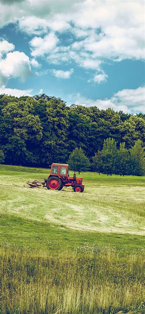 Trees Grass Fields Tractor Clouds Green 1242x2688 Iphone 11