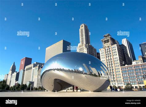 Metal Stainless Steel Chrome Bean Sculpture With Skyscraper Skyline In