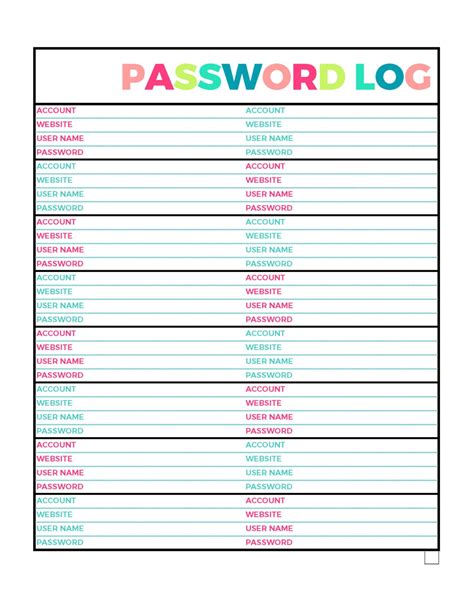 Bright Password Log Printable Page Letter Size Pdf Home Etsy