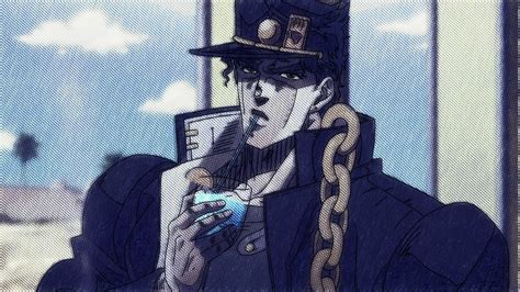 Jojo Jotaro Kujo Drinking Juice With Background Of Blue