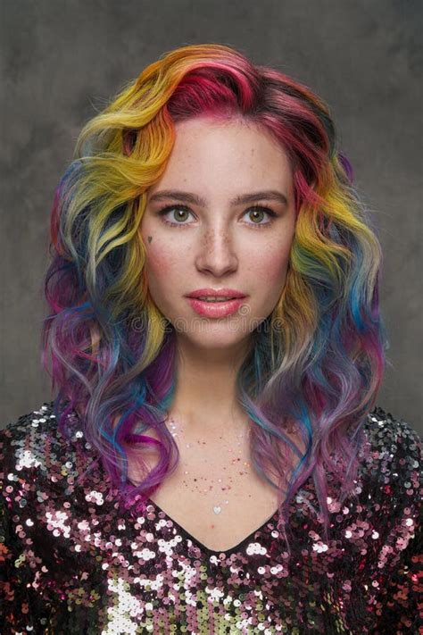 Portrait Of A Beautiful Young Girl With Dyed Colored Hair Hairstyle