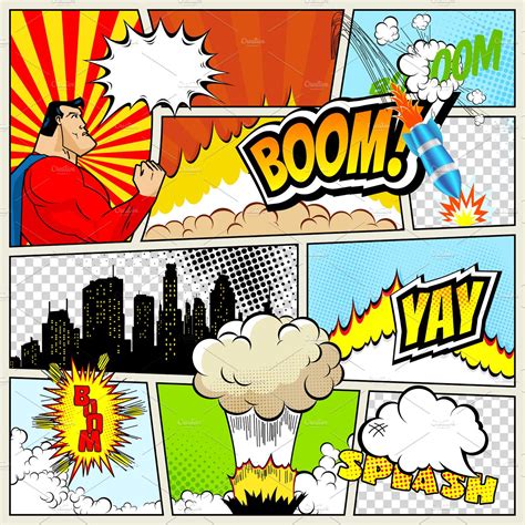 High Detail Vector Mock Up Of Typical Comic Book Page With Various