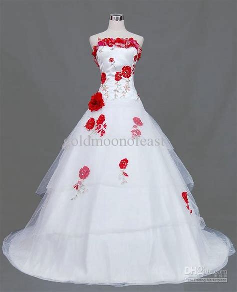 Vintage White Red Rose Flowers A Line Wedding Dresses Gown Strapless