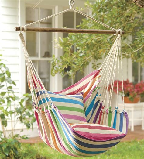 Karriw hammock chair macrame swing. Rainbow Striped Cotton Hammock Chair Swing | PlowHearth