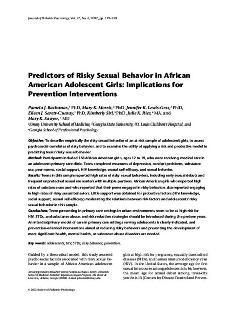 pdf predictors of risky sexual behavior in african american adolescent girls implications for